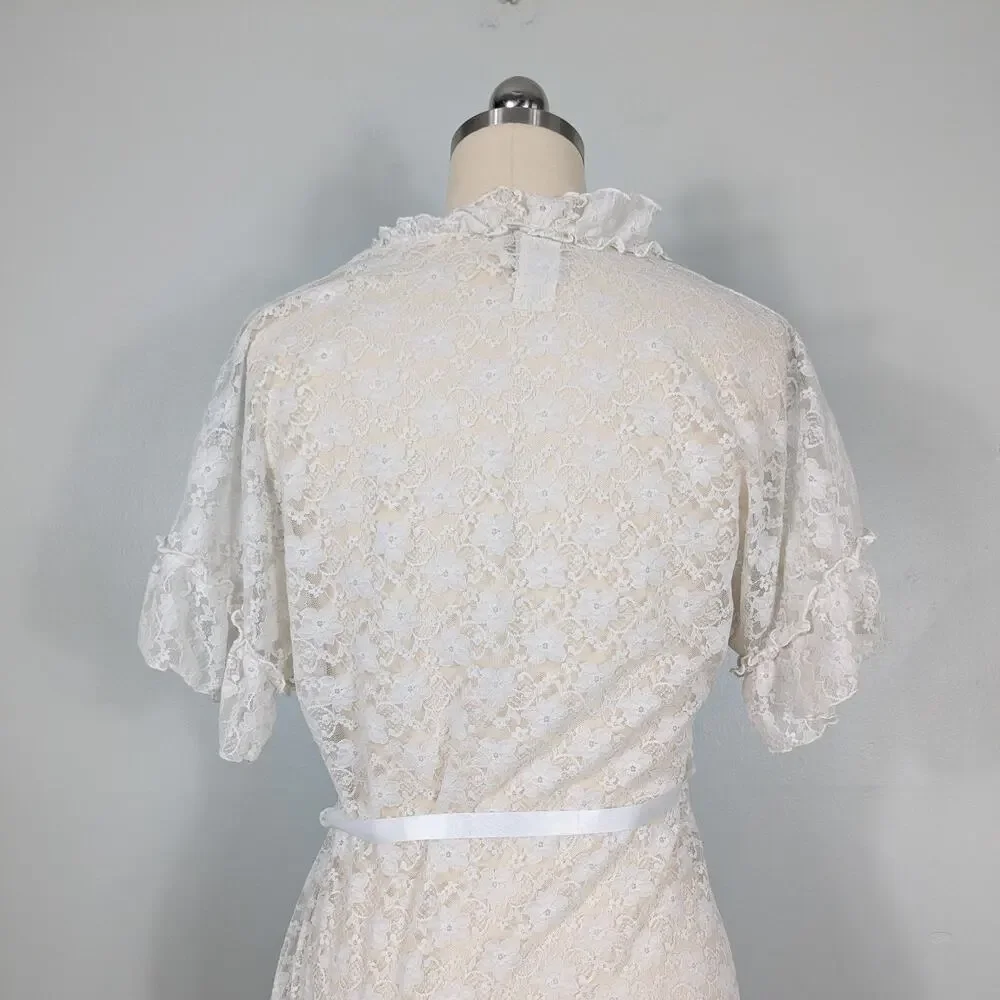 Lace Ruffle Robe Top M Cream Ivory Wrap Boho Fairy Hippie Y2K Floral Short
